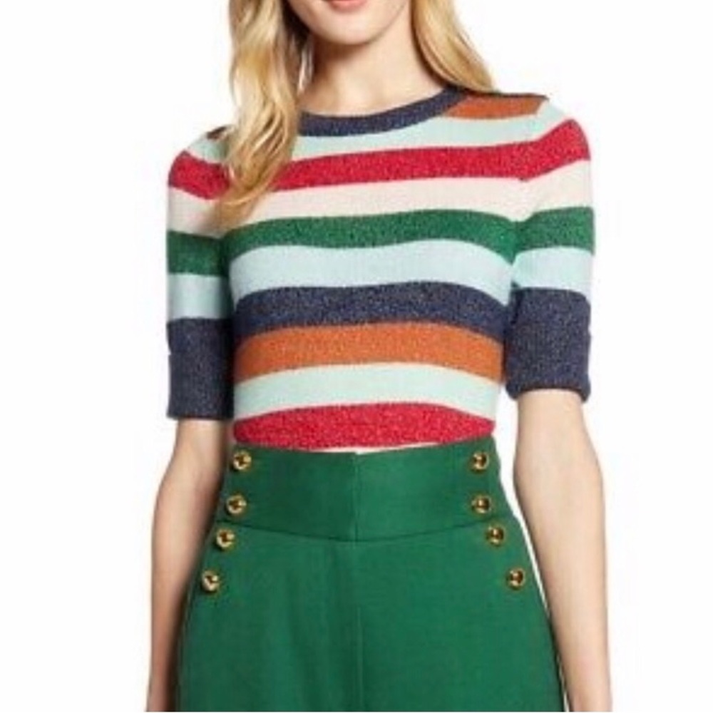 NWT Halogen x Atlantic-Pacific Short Sleeve Rainbow Sweater Top